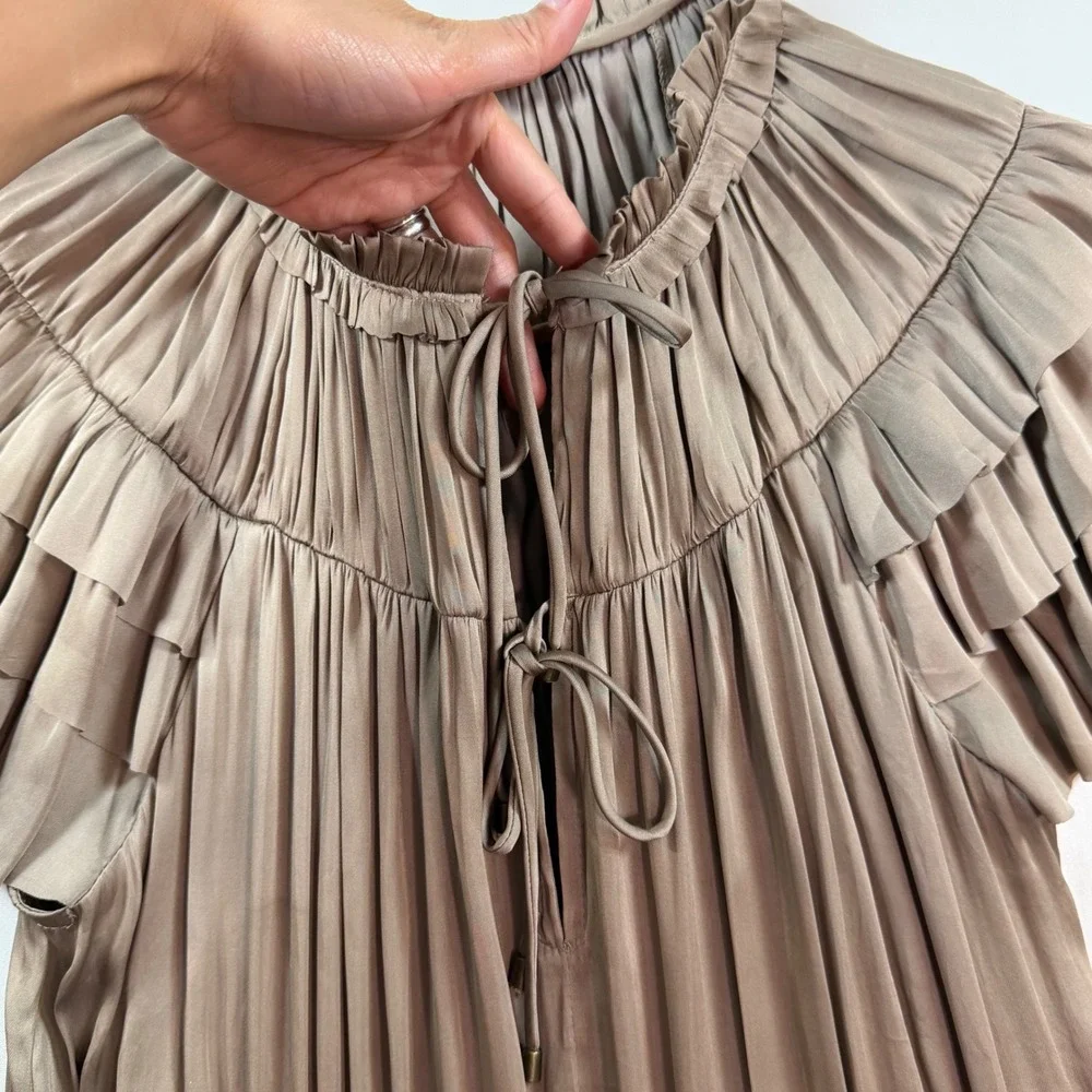 RESET Pleated Tiered Maxi Dress Medium Taupe Mushroom Satin‎ Flutter Sleeve Boho